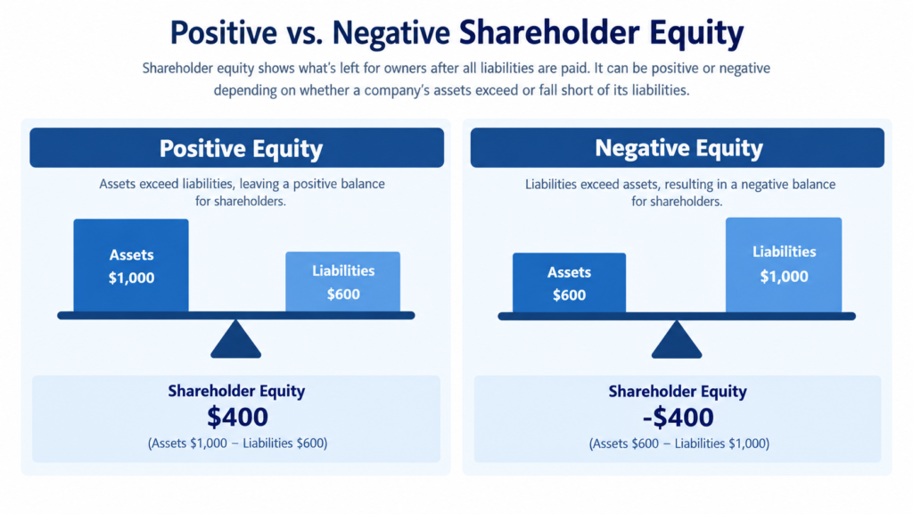 Seesaw diagrams comparing positive shareholder equity (assets exceed liabilities) and negative shareholder equity (liabilities exceed assets)