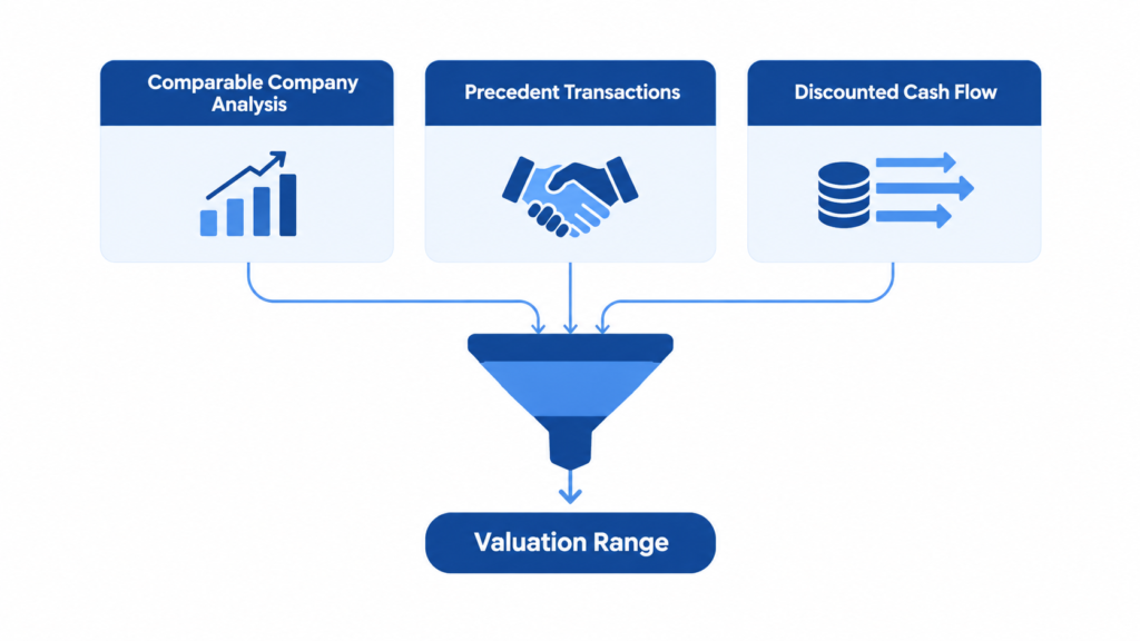 Funnel diagram showing comparable company analysis, precedent transactions, and discounted cash flow methods combining into a valuation range