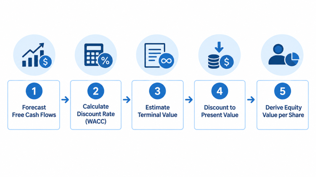 Five-step flowchart of the DCF valuation process: forecast cash flows, calculate discount rate, estimate terminal value, discount to present value, and derive equity value per share