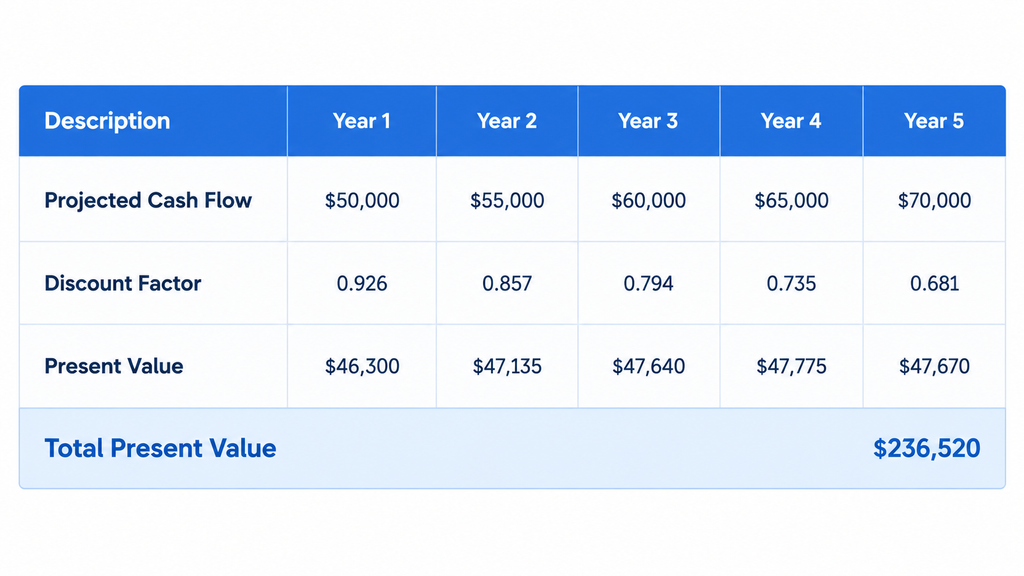 Table showing 5-year projected cash flows discounted to present value, totaling $236,520