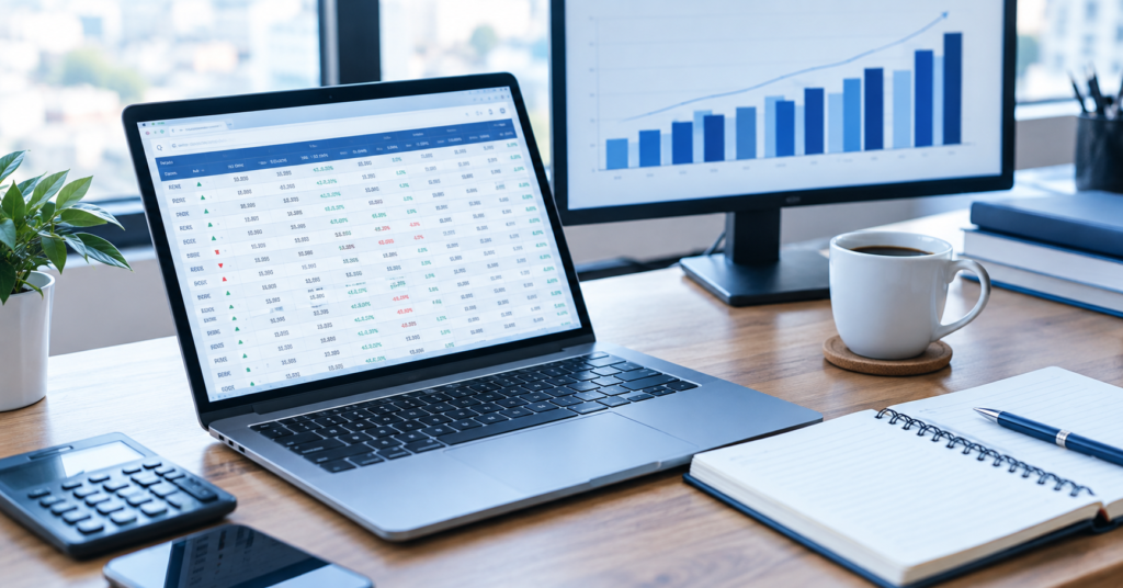Laptop displaying a stock market data table next to a larger monitor showing an ascending bar chart, with a calculator, notebook, and coffee on a wooden desk