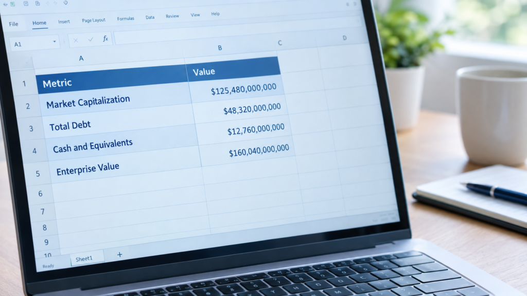 Laptop screen showing Excel spreadsheet with Enterprise Value calculation including Market Capitalization, Total Debt, and Cash and Equivalents