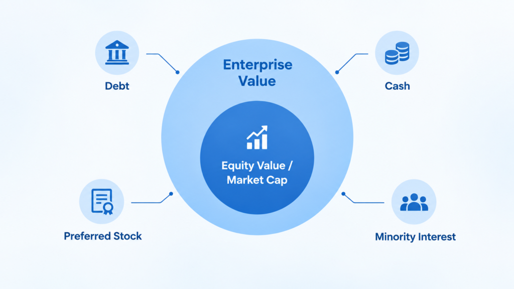 Concentric circle diagram showing Enterprise Value surrounding Equity Value and Market Cap, connected to Debt, Cash, Preferred Stock, and Minority Interest