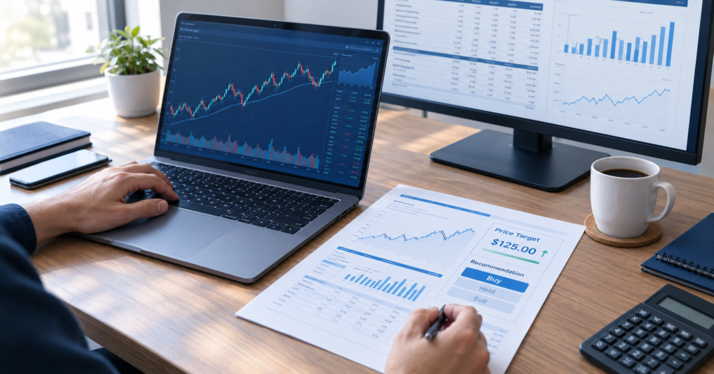 Dual-monitor trading desk with a laptop showing a candlestick chart, a second screen with data tables and charts, and a printed research report showing a $125.00 price target and Buy recommendation