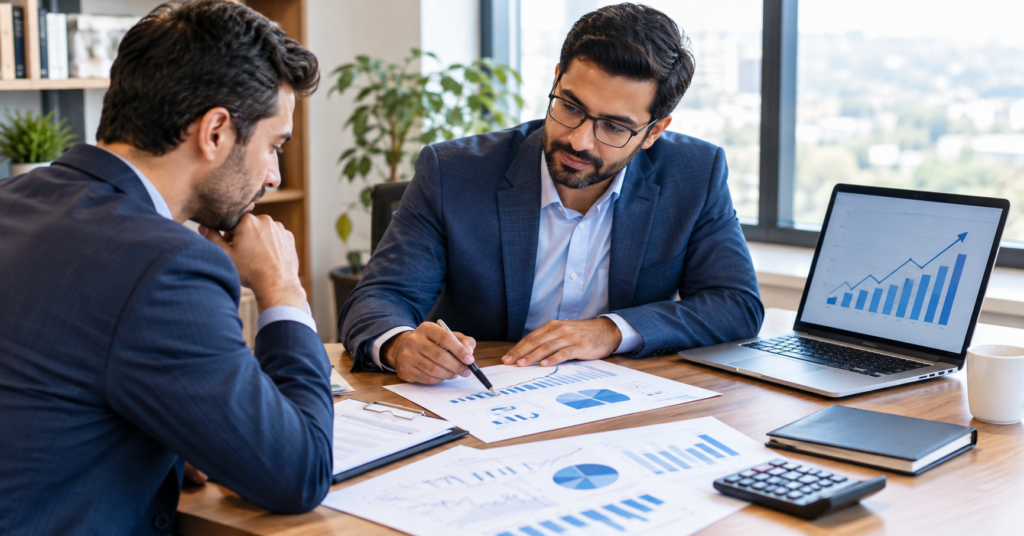 Two businessmen in suits reviewing printed financial charts together, with a laptop showing an upward trending bar chart in the background