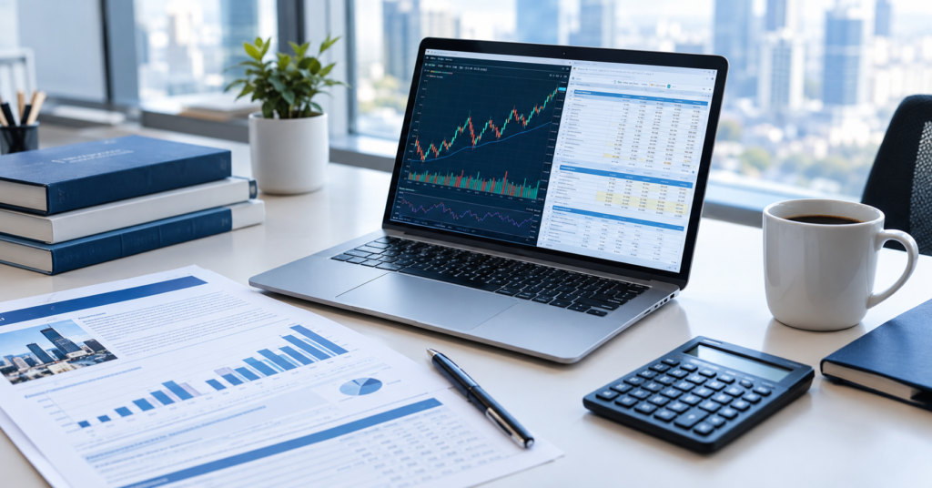 Laptop displaying stock market charts and financial data next to a printed report, calculator, coffee cup, and books on an office desk