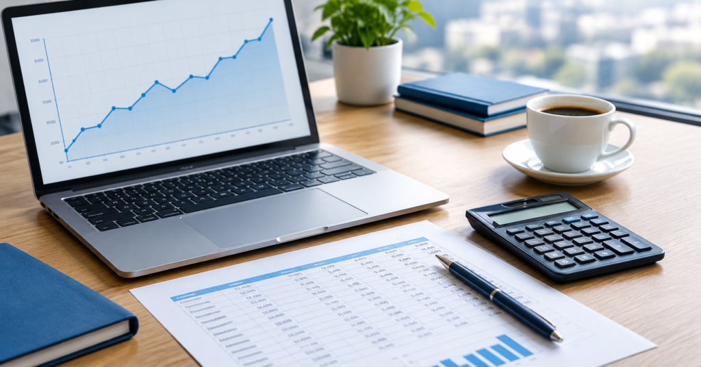 Laptop showing an upward trending line chart next to a printed spreadsheet, calculator, pen, and coffee cup on a wooden desk