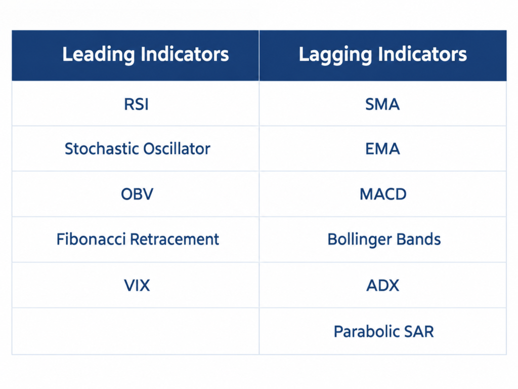 Table listing leading indicators (RSI, Stochastic Oscillator, OBV, Fibonacci Retracement, VIX) and lagging indicators (SMA, EMA, MACD, Bollinger Bands, ADX, Parabolic SAR)
