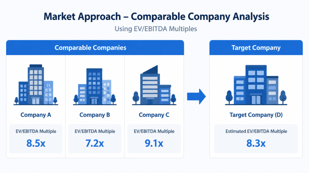 Comparable company analysis showing EV/EBITDA multiples for three companies (8.5x, 7.2x, 9.1x) applied to estimate the target company's multiple at 8.3x