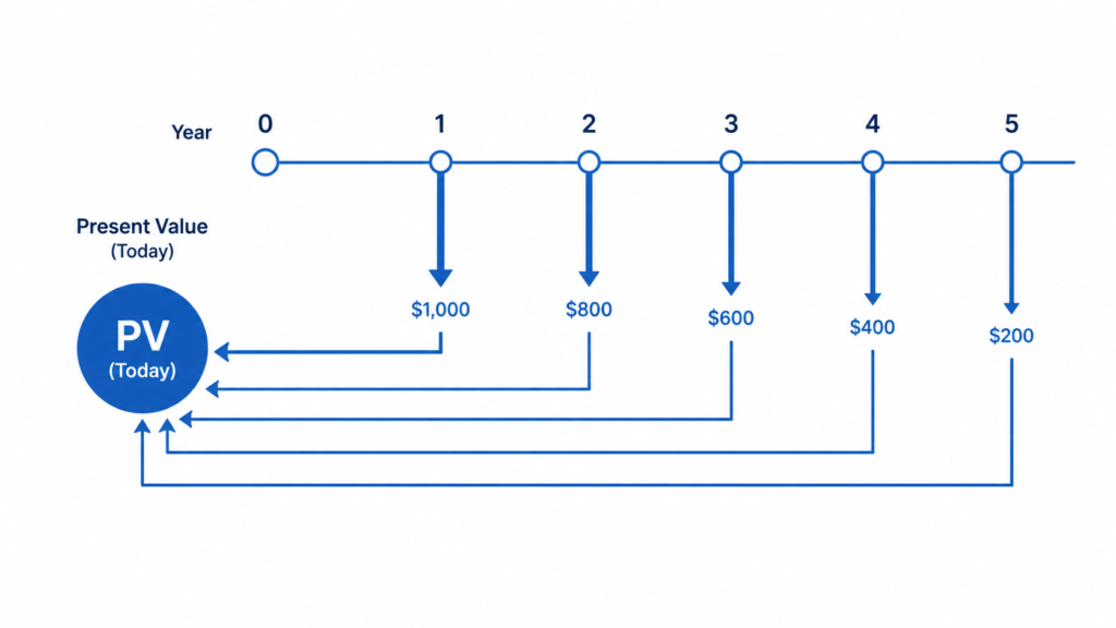 Timeline showing five years of cash flows ($1,000 down to $200) each discounted back to a single Present Value today