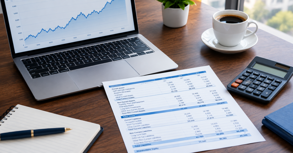 Laptop showing a rising stock chart next to a printed balance sheet with assets and liabilities, calculator, and coffee cup on a wooden desk