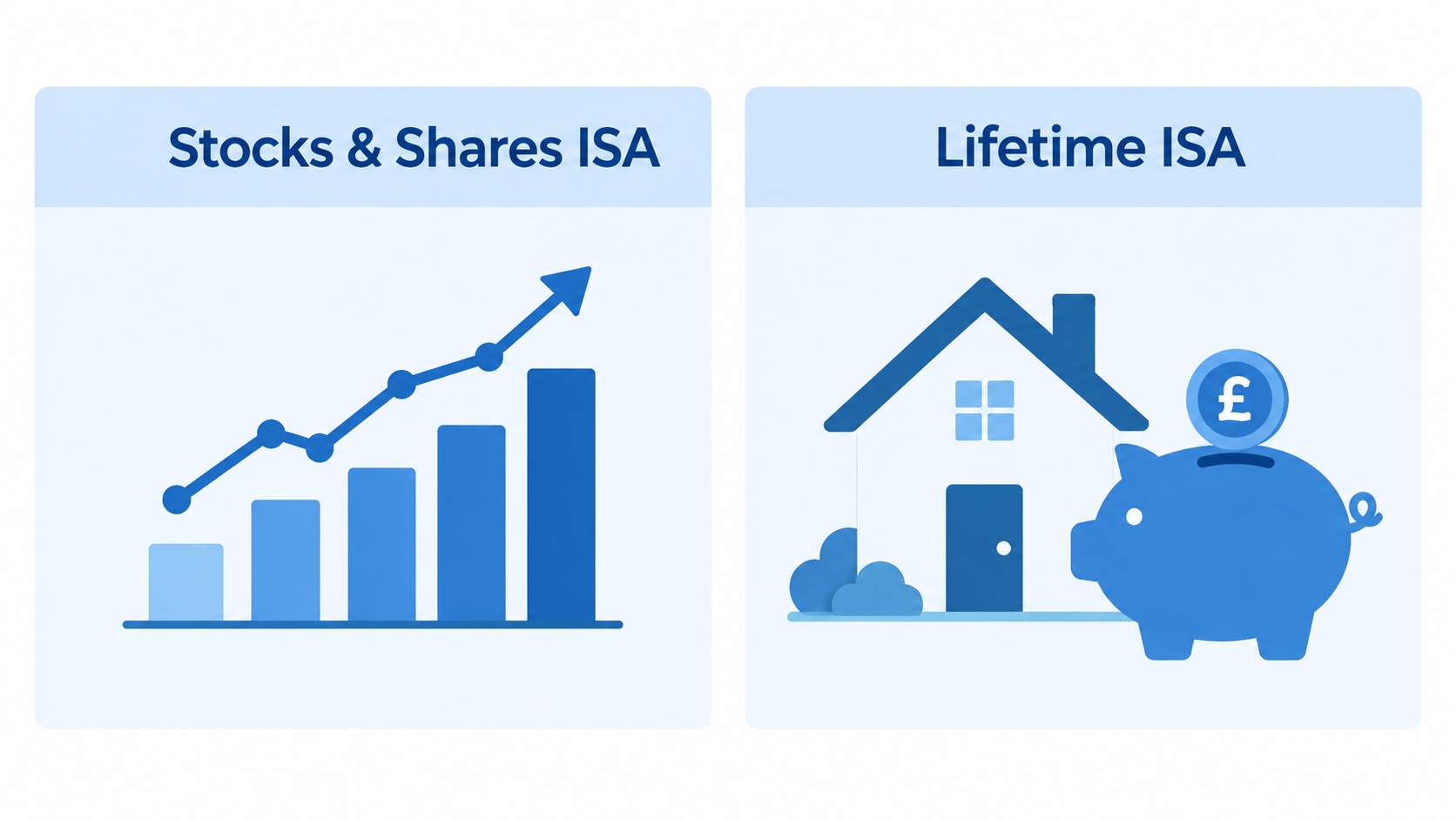 Comparison illustration of Stocks and Shares ISA versus Lifetime ISA showing investment growth chart and home savings piggy bank