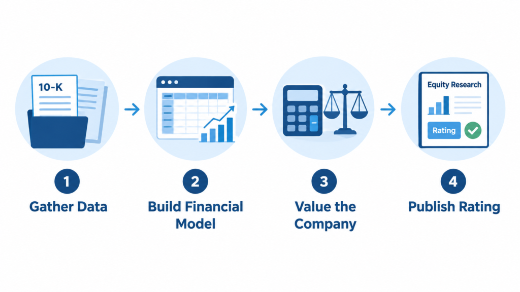 Four-step infographic showing the equity research process: gather data (10-K), build a financial model, value the company using a calculator and scale, and publish a rating with an equity research report.