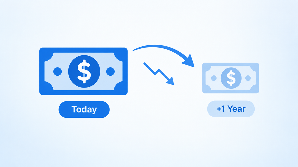Diagram showing a full-size dollar bill labeled "Today" shrinking to a smaller, faded dollar bill labeled "+1 Year"