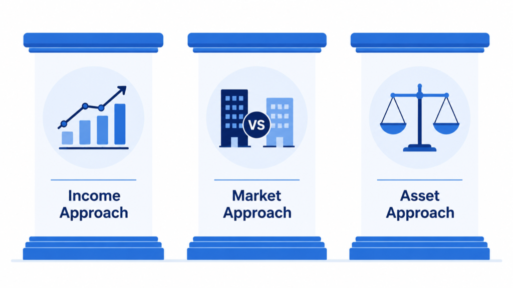 A minimal flat-design illustration showing three simple labeled pillars or building blocks side by side, each representing one concept: 'Income Approach' (icon of a rising cash flow line), 'Market Approach' (icon of two overlapping company silhouettes being compared), and 'Asset Approach' (icon of a balance scale). Composed for a website blog article body, roughly 900px wide, 16:9 landscape ratio. Flat vector style, professional blue and white color palette, simple readable text labels under each pillar, clean and uncluttered.