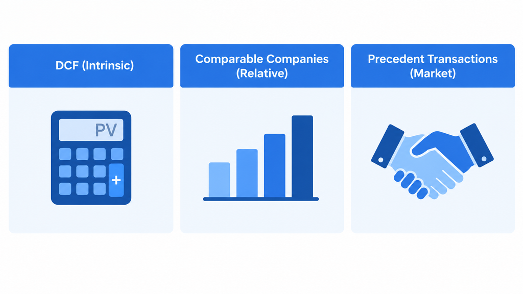Three valuation methods compared: DCF intrinsic valuation, comparable companies relative valuation, and precedent transactions market valuation