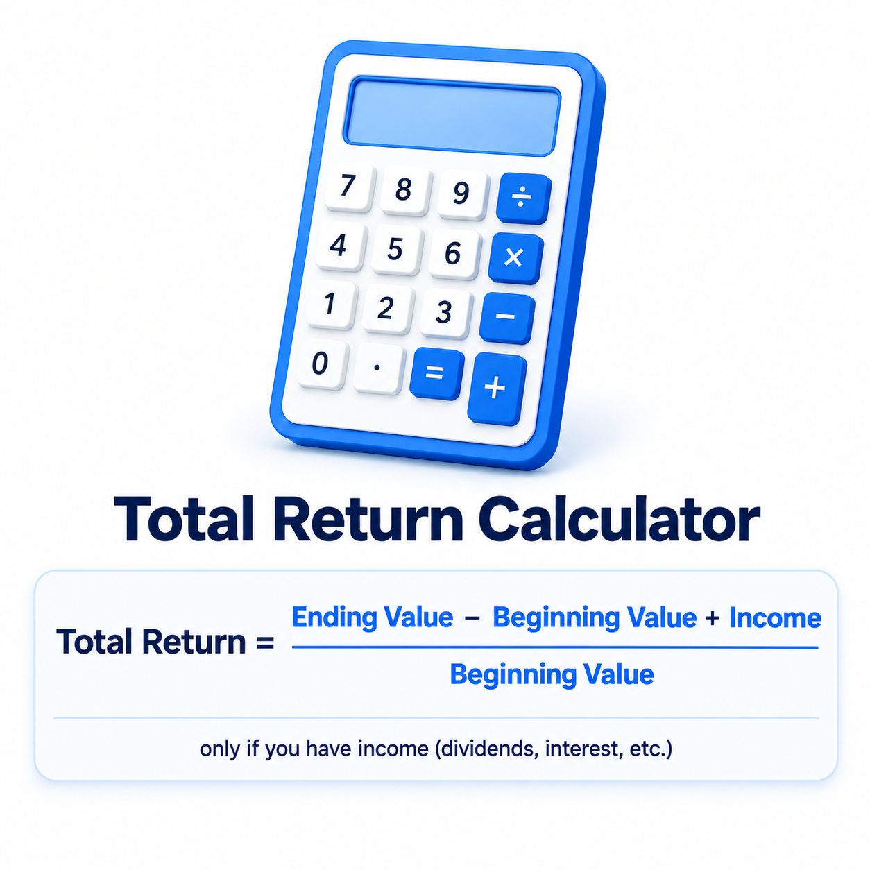"Total Return Calculator" graphic with a 3D calculator illustration and the formula: Total Return = (Ending Value − Beginning Value + Income) ÷ Beginning Value.
