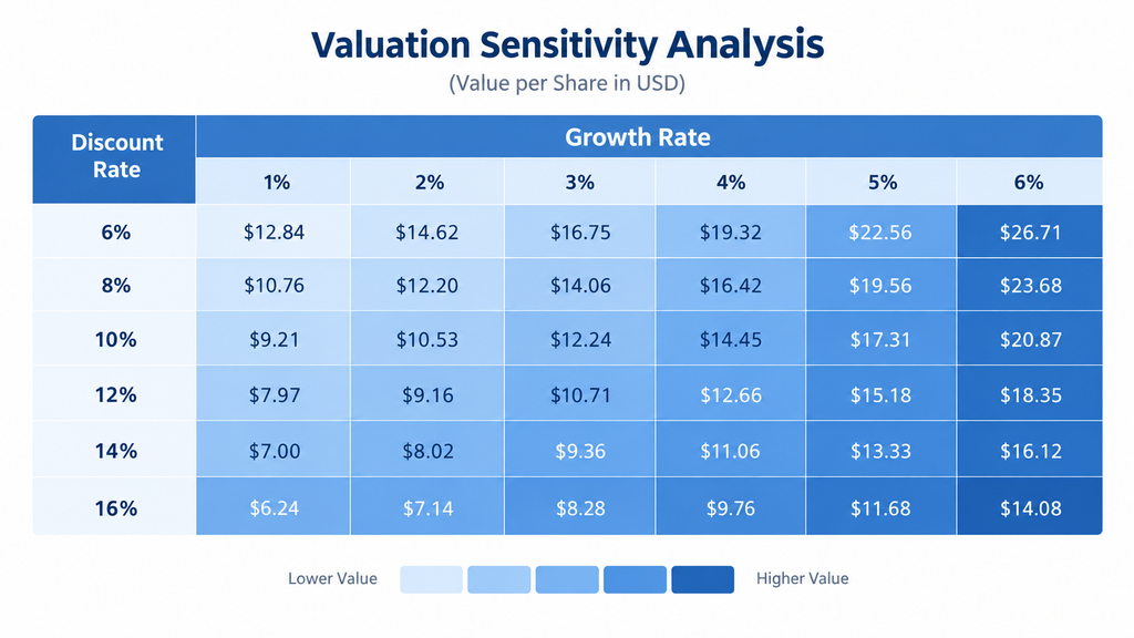 Sensitivity analysis heat map showing value per share ranging from $6.24 to $26.71 across combinations of discount rate and growth rate