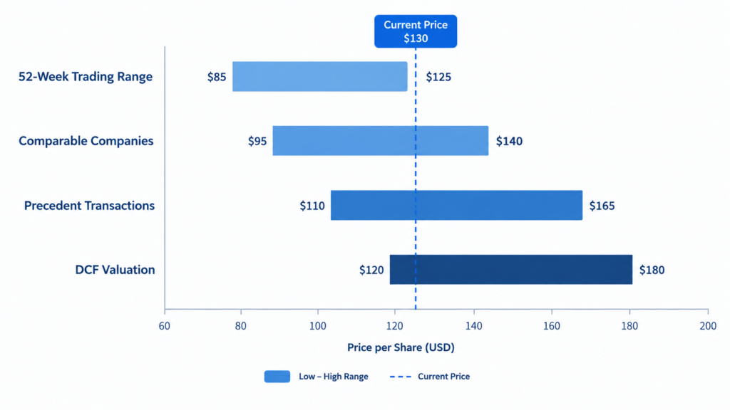 Football field chart comparing valuation ranges by method against a current share price of $130: 52-week trading range $85–$125, comparable companies $95–$140, precedent transactions $110–$165, and DCF valuation $120–$180