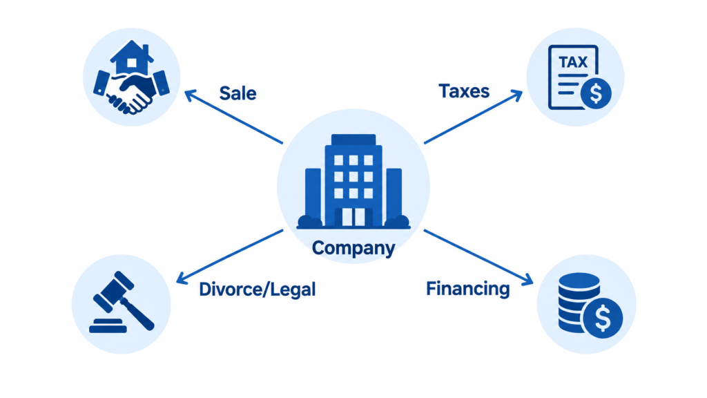 Diagram showing four reasons a company might be valued: sale, taxes, divorce/legal, and financing