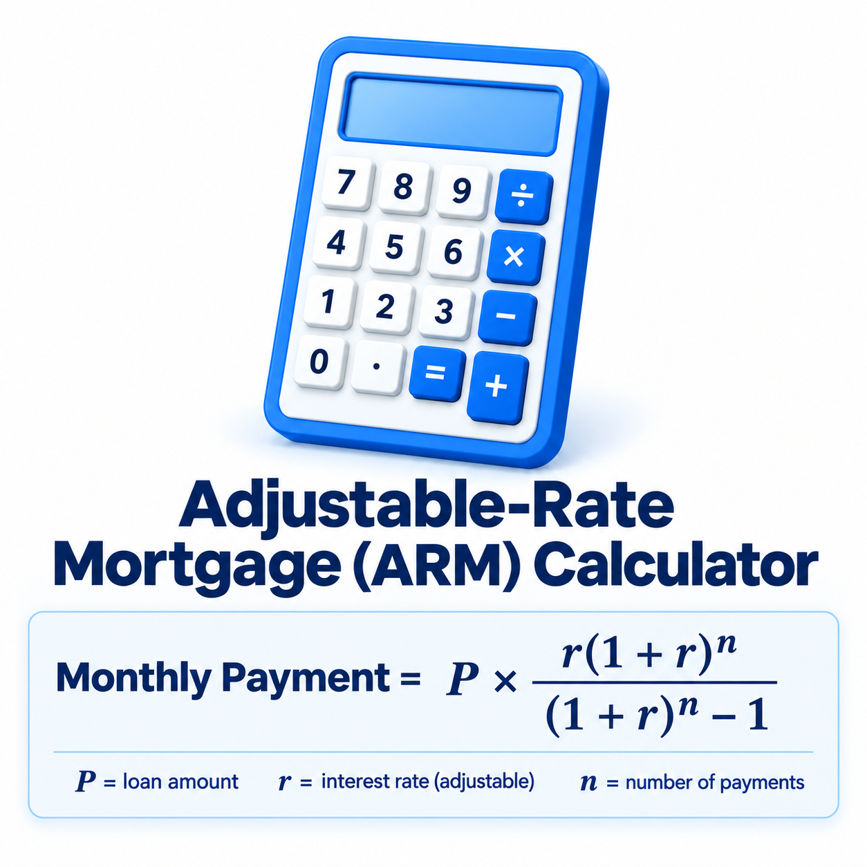 Adjustable-rate mortgage (ARM) calculator formula showing monthly payment equals loan amount times an adjustable interest rate over loan term
