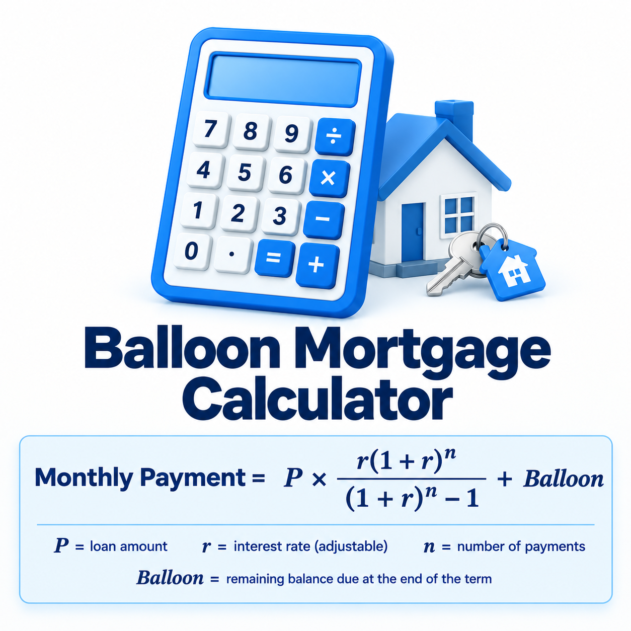 Balloon mortgage calculator formula showing monthly payment plus a remaining balloon balance due at the end of the term