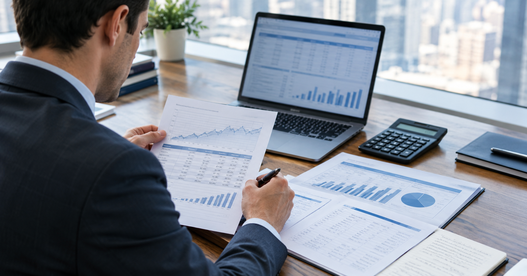 Businessman in a suit reviewing printed financial charts and reports beside a laptop displaying a data table and bar chart, with a city skyline through the window