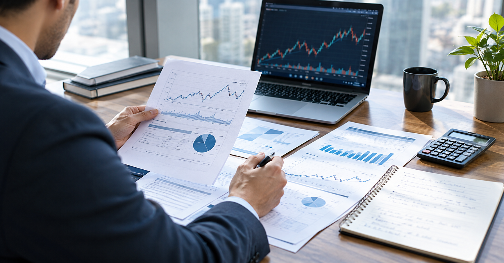 Financial analyst in a suit reviewing a printed stock chart report beside a laptop displaying a candlestick chart, with additional reports, a calculator, and notebook on the desk