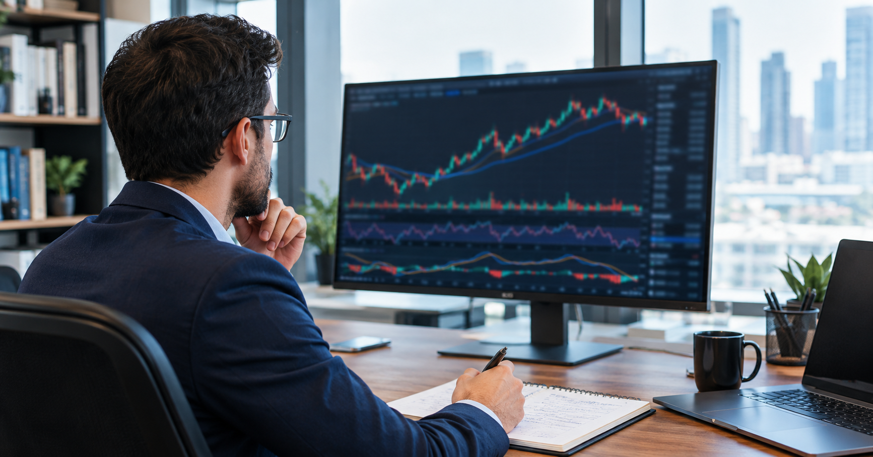 Financial analyst in glasses studying a large monitor displaying candlestick charts with moving averages and oscillator indicators, taking notes