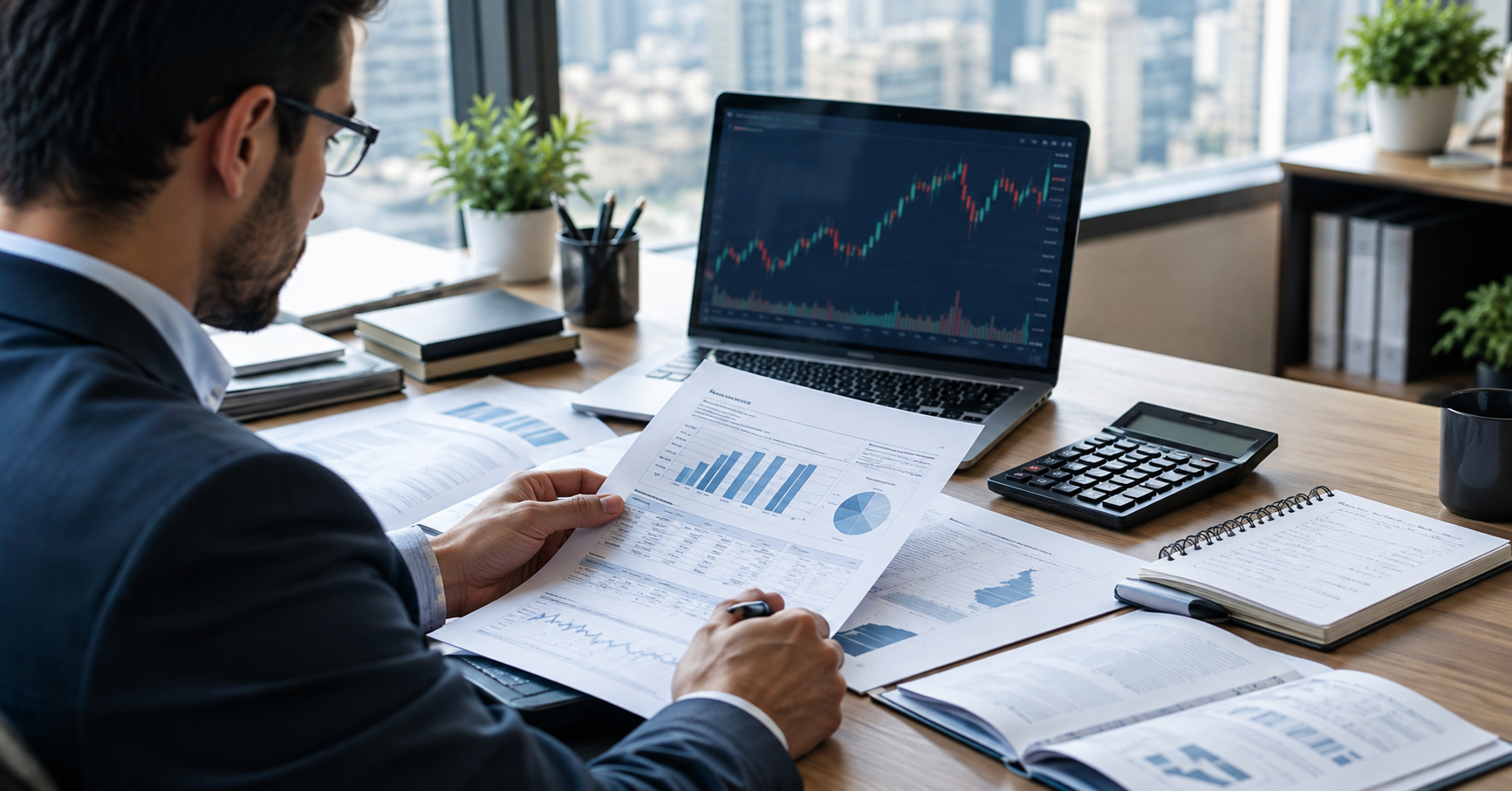 Financial analyst wearing glasses reviewing a printed bar chart report beside a laptop showing a candlestick chart, calculator, and open notebooks on a wooden desk