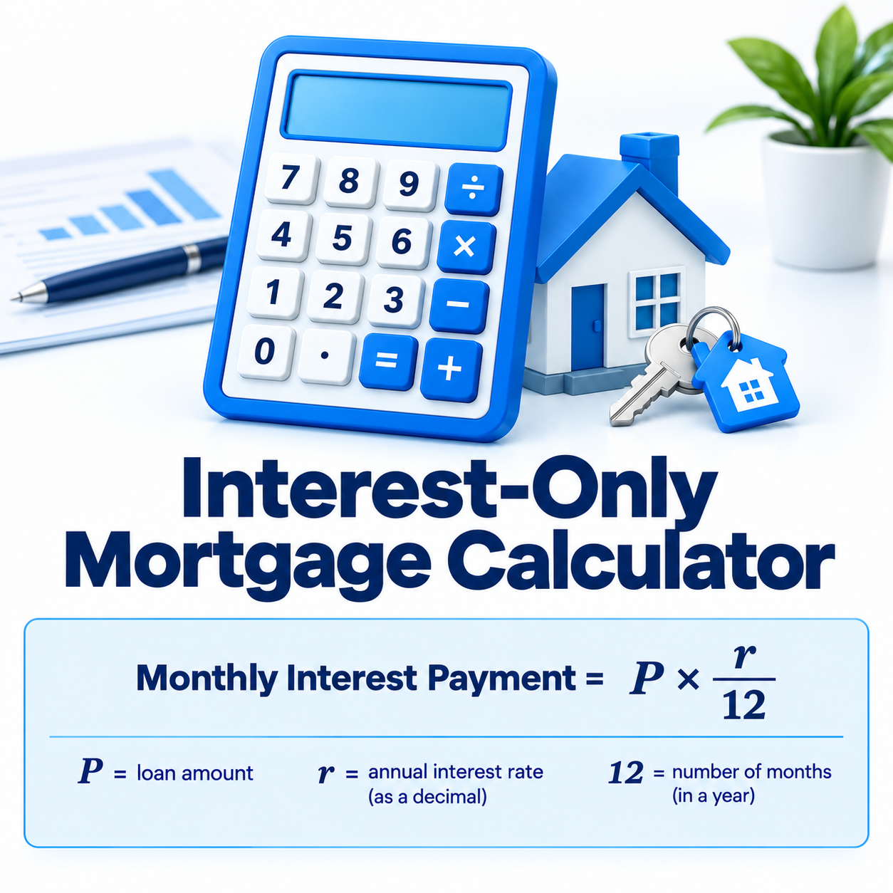 Interest-only mortgage calculator formula showing monthly interest payment equals loan amount times annual interest rate divided by 12