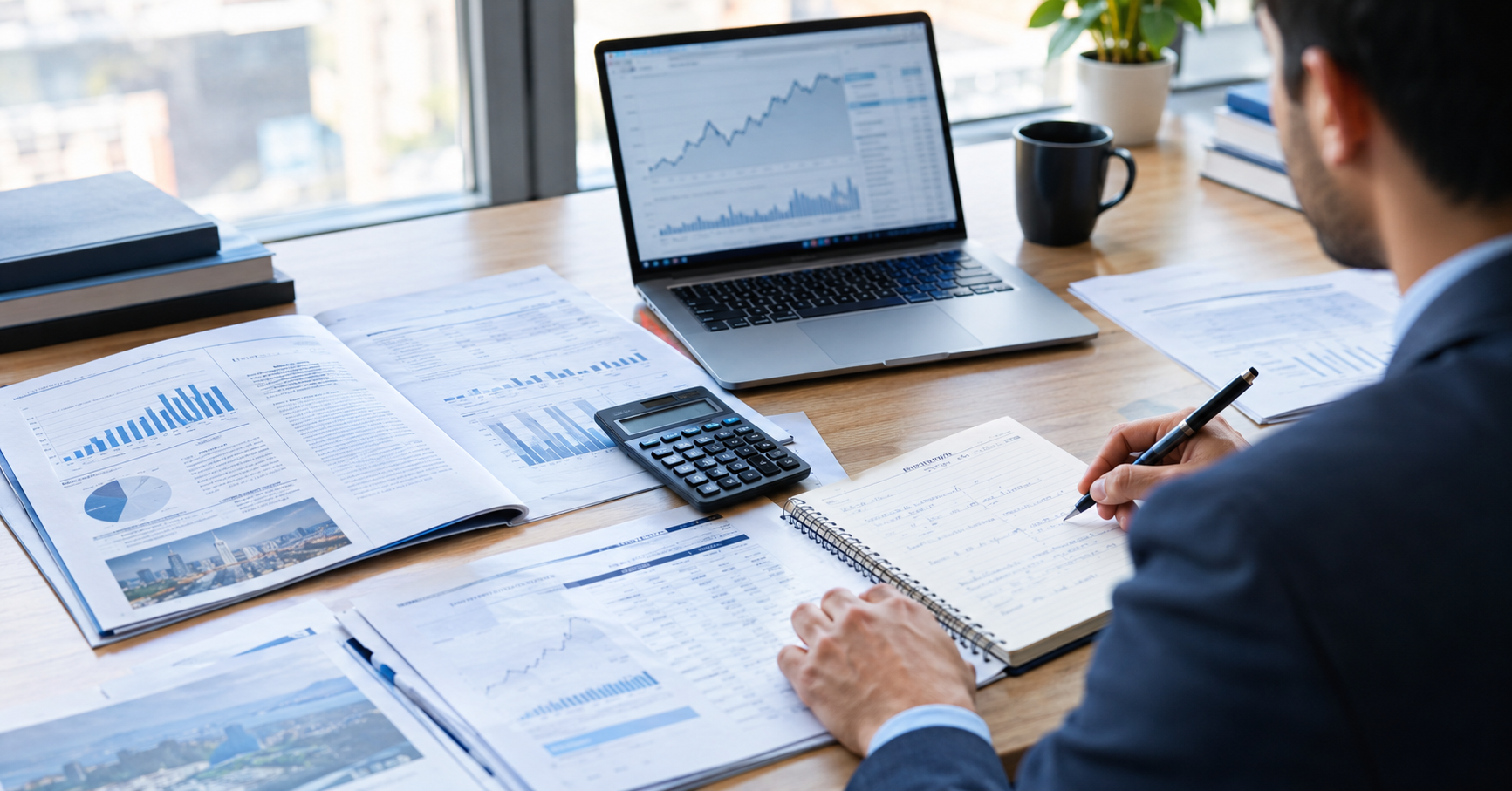 Financial analyst in a suit writing notes in a notebook, surrounded by printed reports with charts, a calculator, and a laptop showing a stock chart