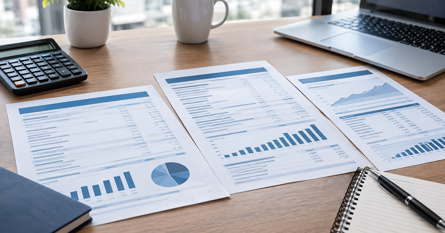 Three printed financial reports with bar charts, a pie chart, and a trend chart laid side by side on a wooden desk, with a calculator, laptop, and notebook