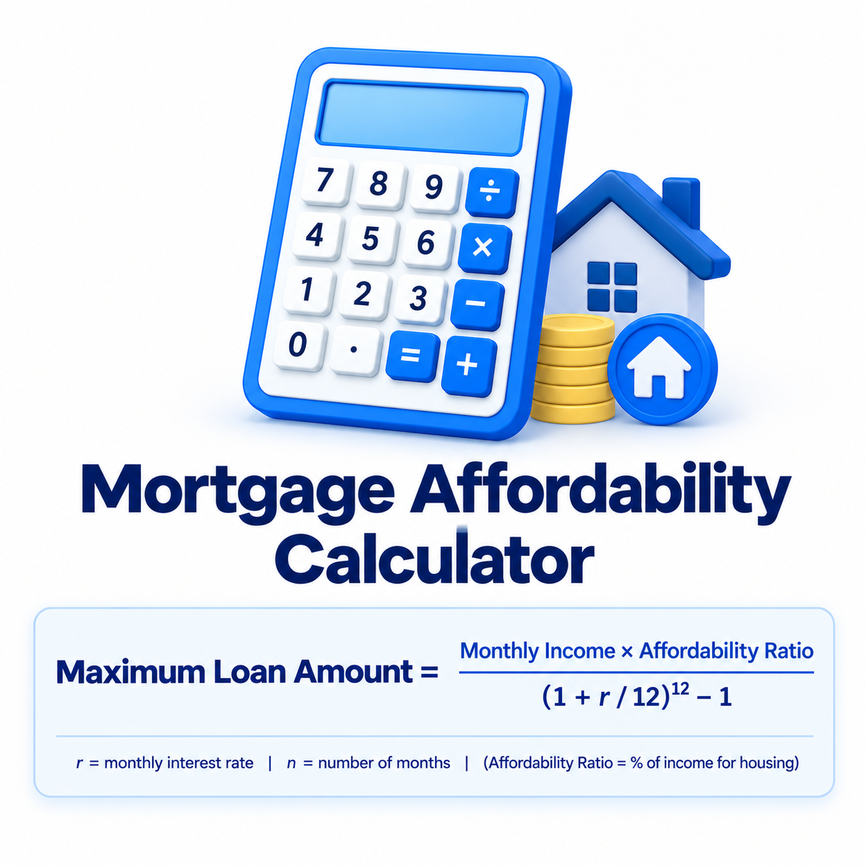 Mortgage affordability calculator formula showing maximum loan amount based on monthly income, affordability ratio, and interest rate