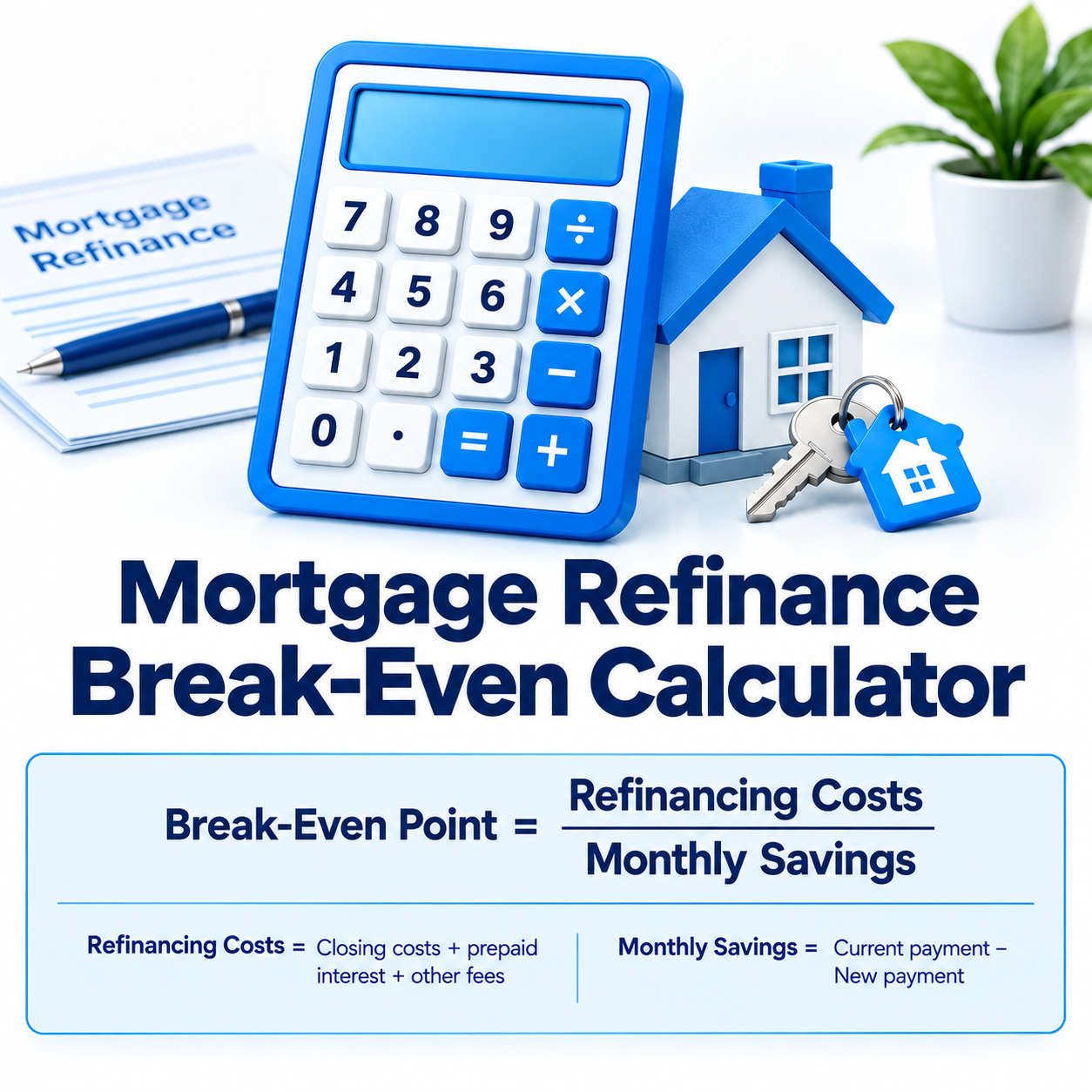 Mortgage refinance break-even calculator formula showing break-even point as refinancing costs divided by monthly savings