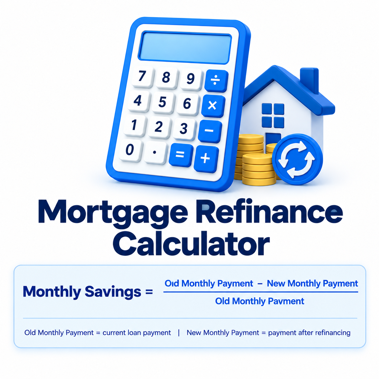 Mortgage refinance calculator formula showing monthly savings as the percentage difference between old and new monthly payments